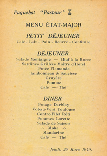 Le menu du 24 mars 1949 Paquebot Pasteur